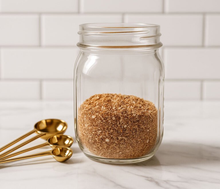 Homemade Taco Time Seasoning in a Jar with measuring spoons