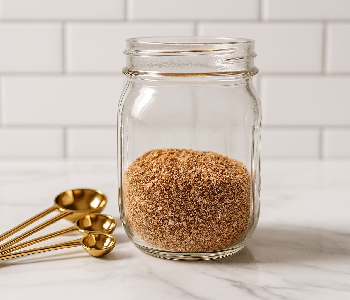 Homemade Taco Time Seasoning in a Jar with measuring spoons